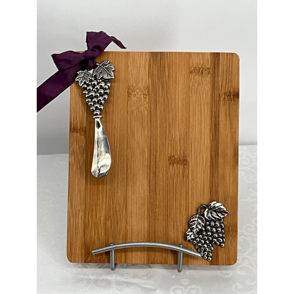 Bamboo Cheese Board With Grape Metal Accents & Cheese Spreader 7" x 8.75"